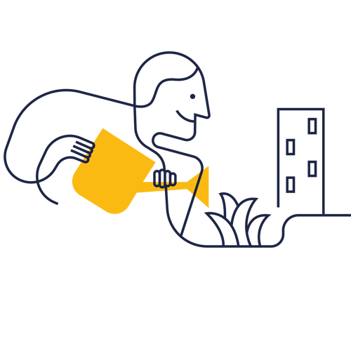 Människa vattnar sin krukväxt. Illustration.