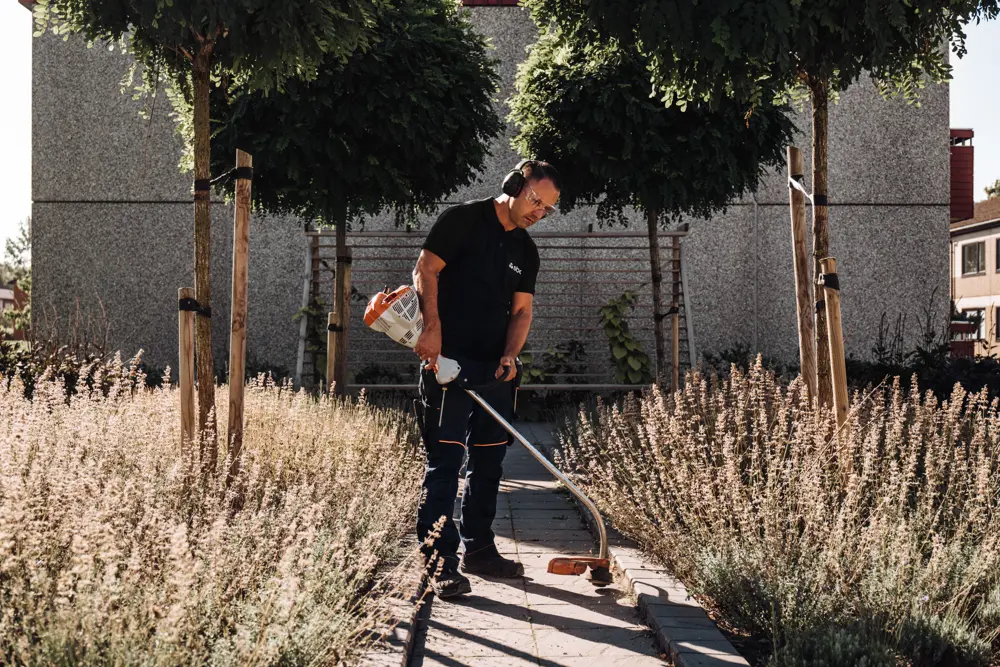 SBCs trädgårdsmästare trimmar gräs på brf:s innergård.