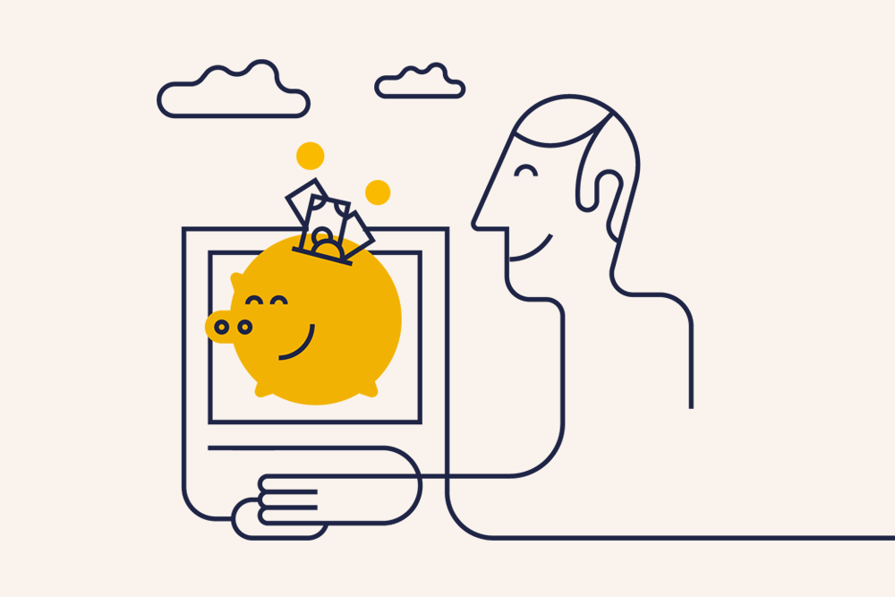 Leende man ser när spargris fylls på med pengar. Illustration.