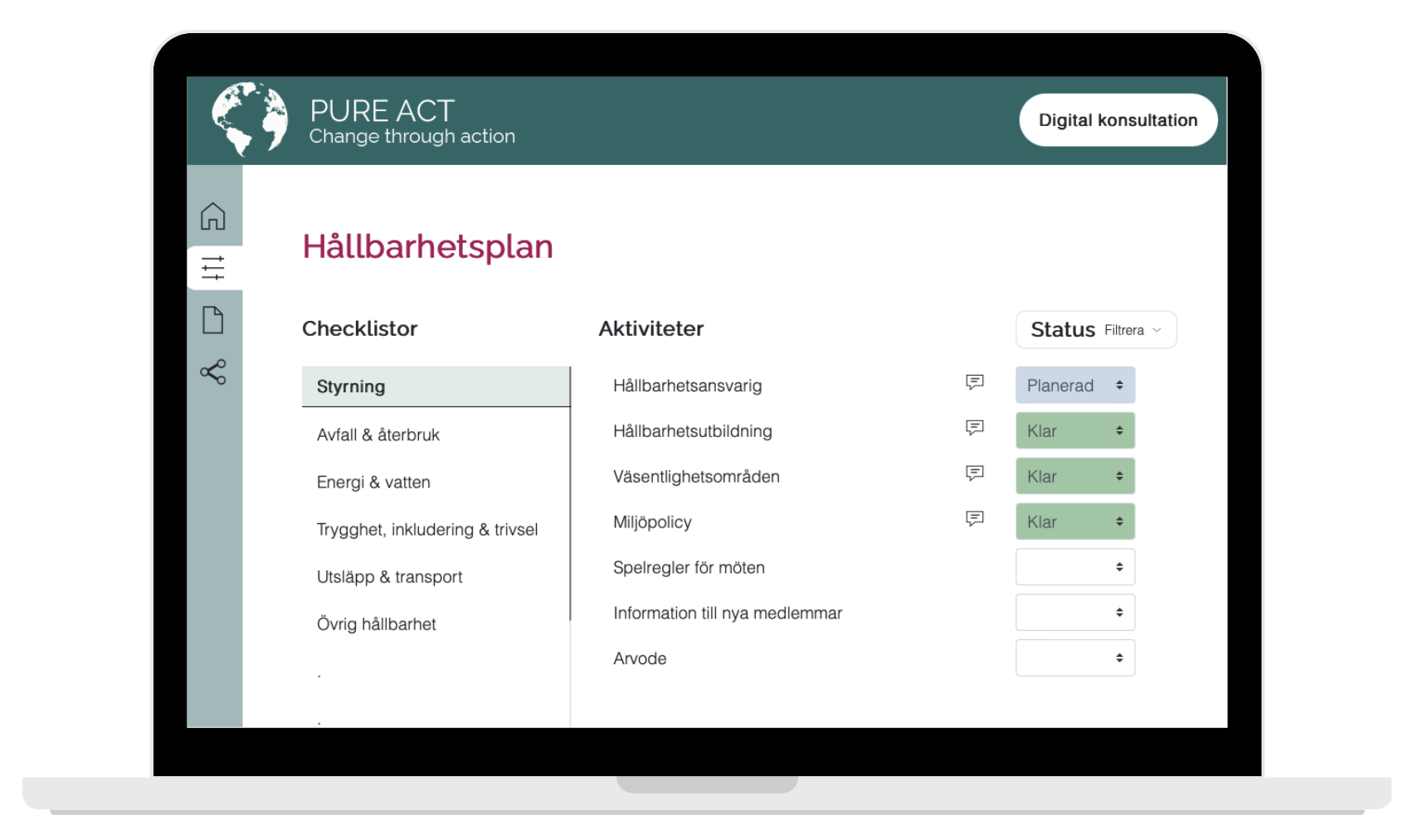 Datorskärm visar hållbarhetsplan för brf