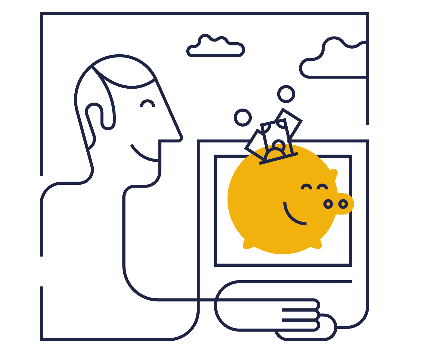 Leende man ser när spargris fylls på med pengar. Illustration.