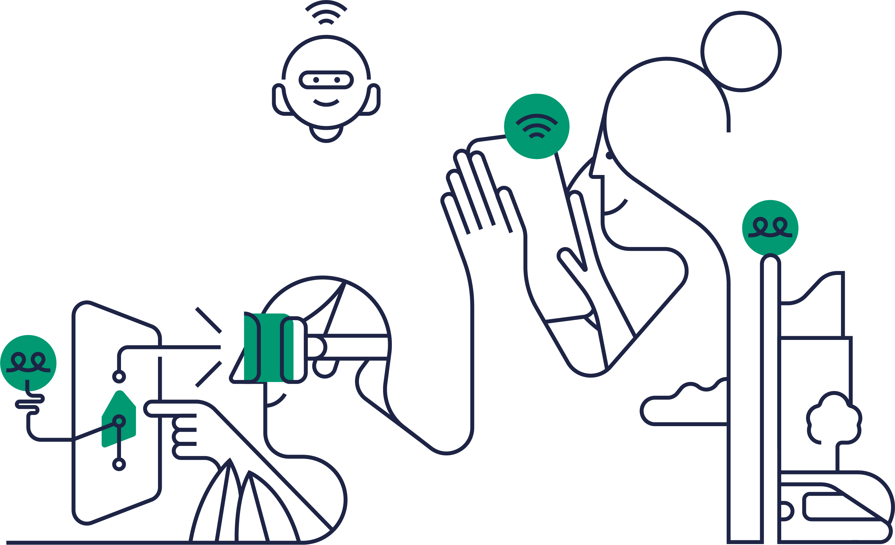 Man och kvinna som använder mobiltelefon och VR-glasögon. grön Illustration.