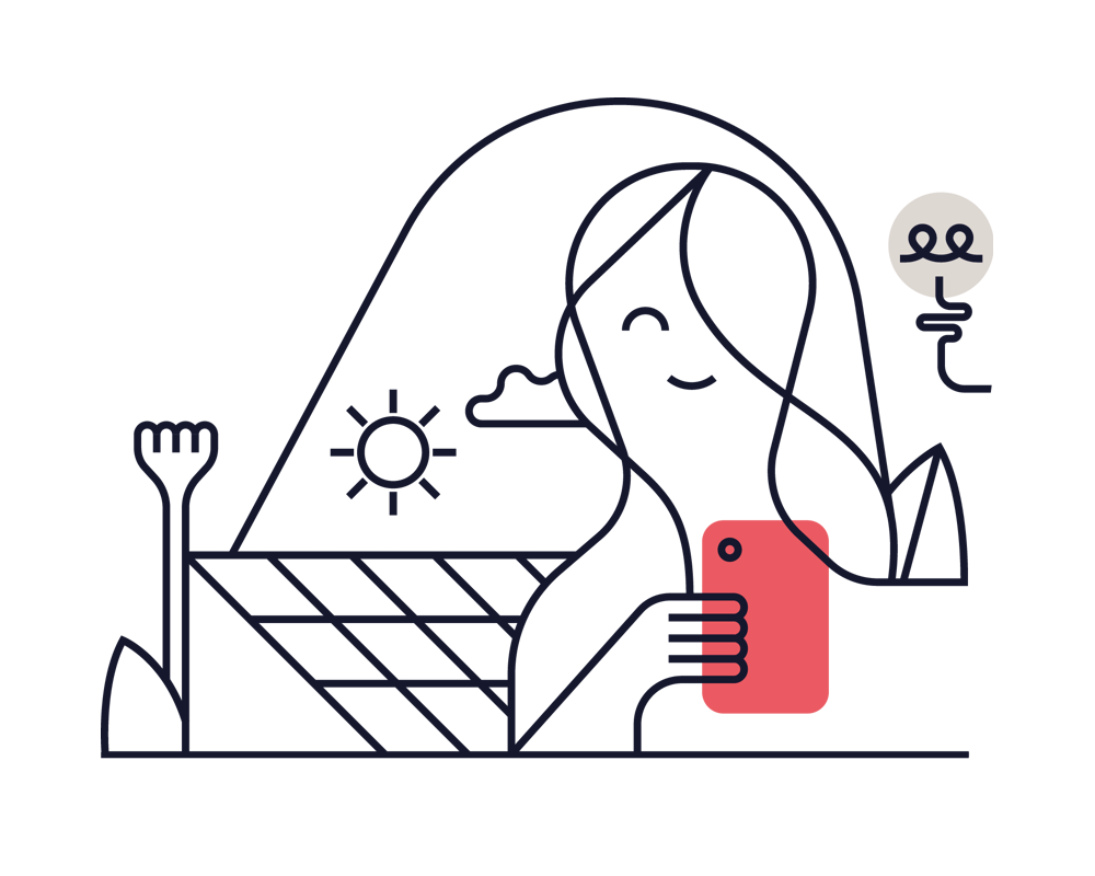 Kvinna som laddar sin mobil med solceller. Illustration.