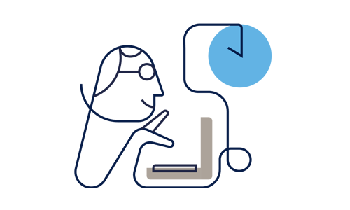 Illustration. Man vid laptop och en väggklocka.