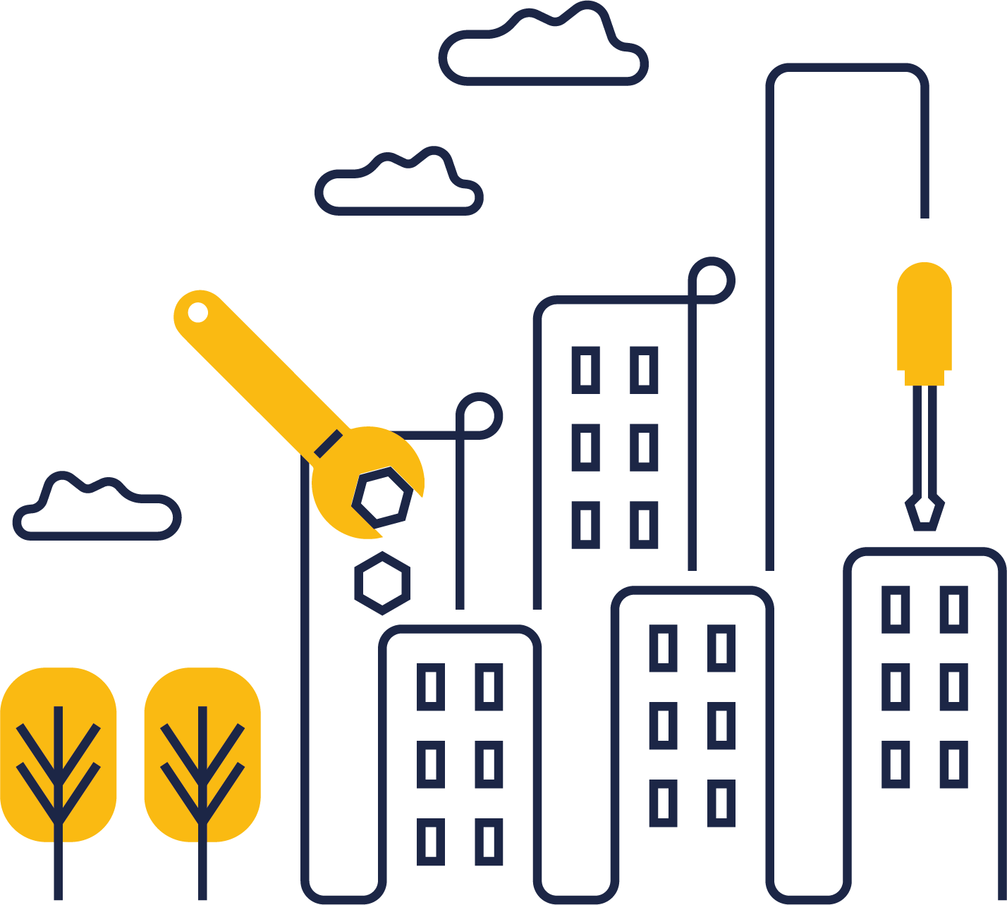 Bostadsrättsförening med höghus. Illustration.