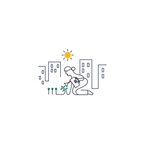 Illustration av kvinna som vattnar växter framför en bostadsrättsförening - Styrelsestöd