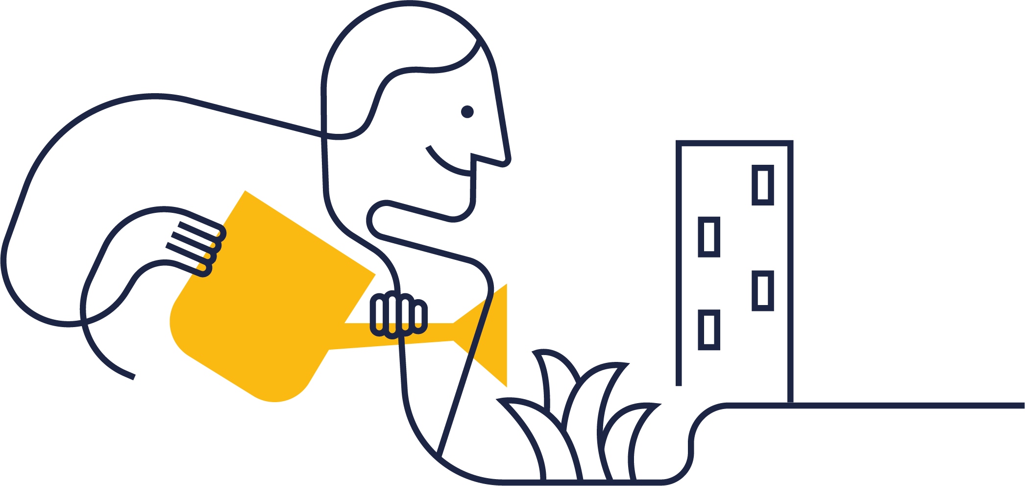 Människa vattnar sin krukväxt. Illustration.