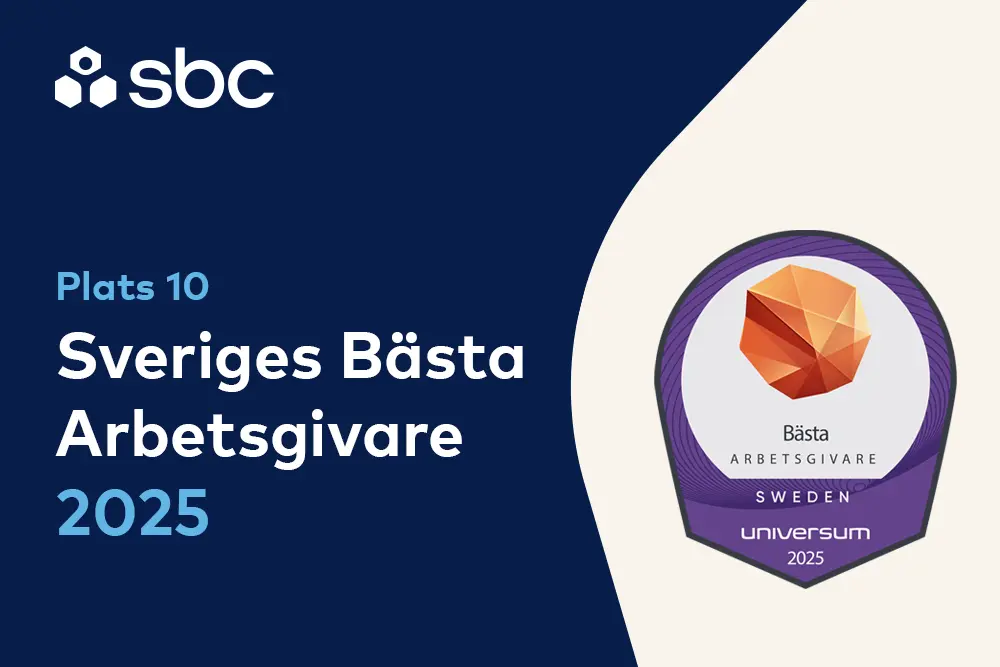 SBC på plats 10 som Sveriges Bästa Arbetsgivare 2025. Emblem.